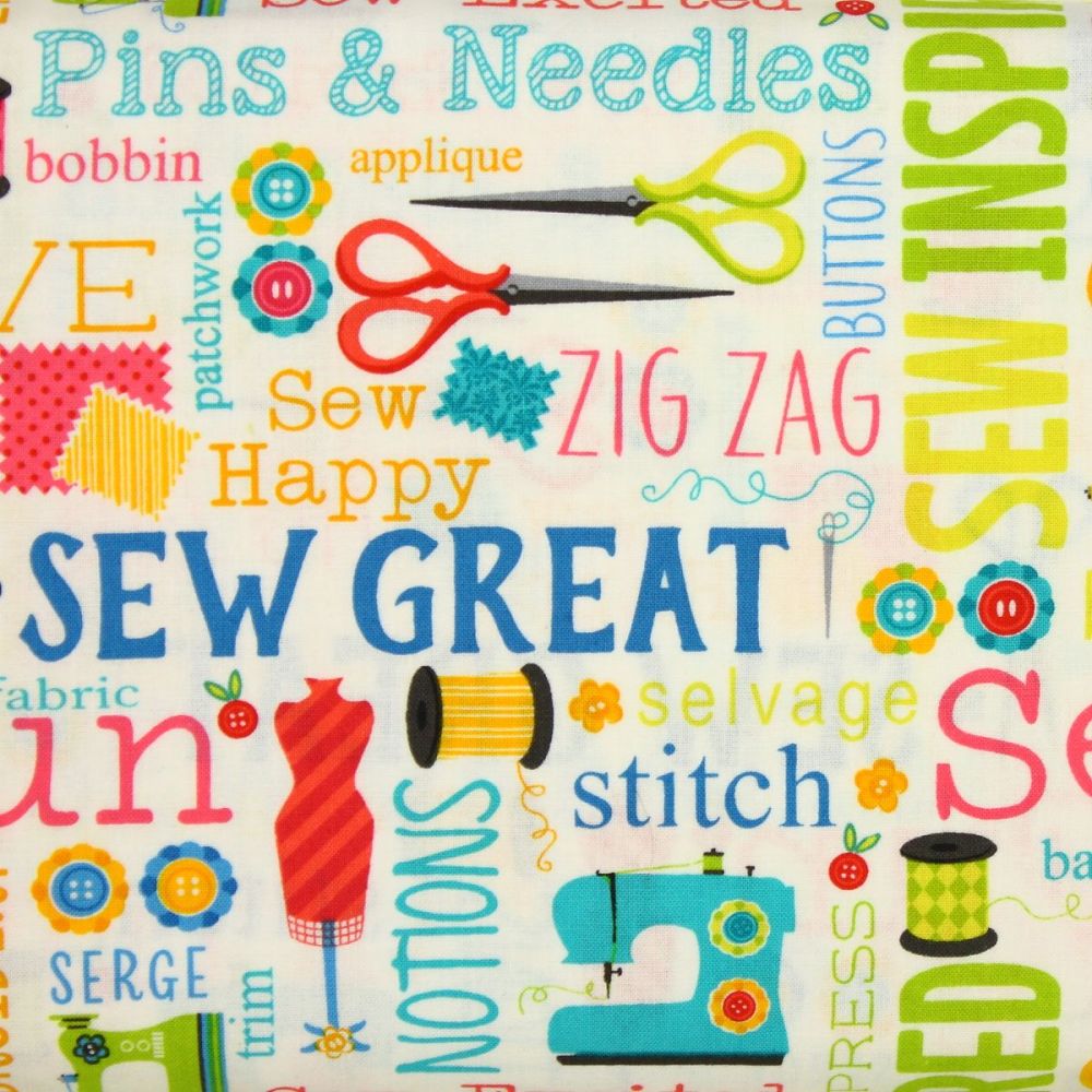 Benartex, Sew Excited, Sewing Words on White (£13pm)