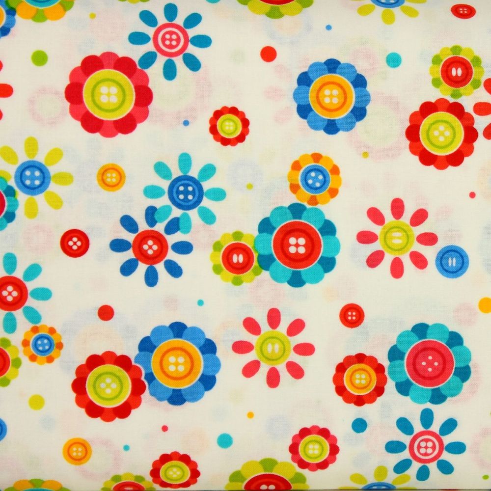 Benartex, Sew Excited, Button Flowers on White (£13pm)