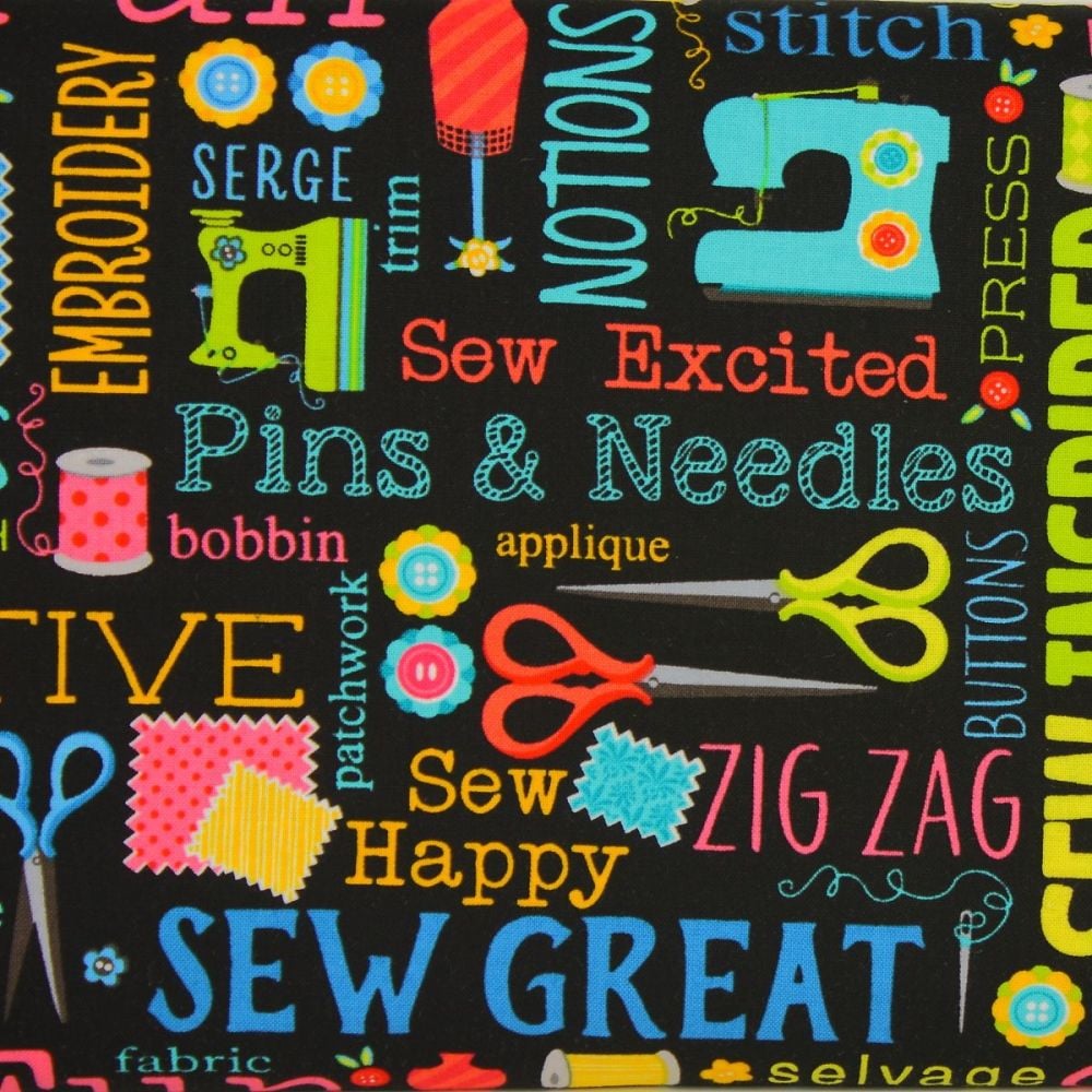 Benartex, Sew Excited, Sewing Words on White