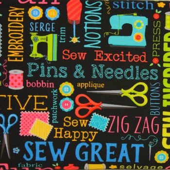 Benartex, Sew Excited, Sewing Words on Black (£13pm)