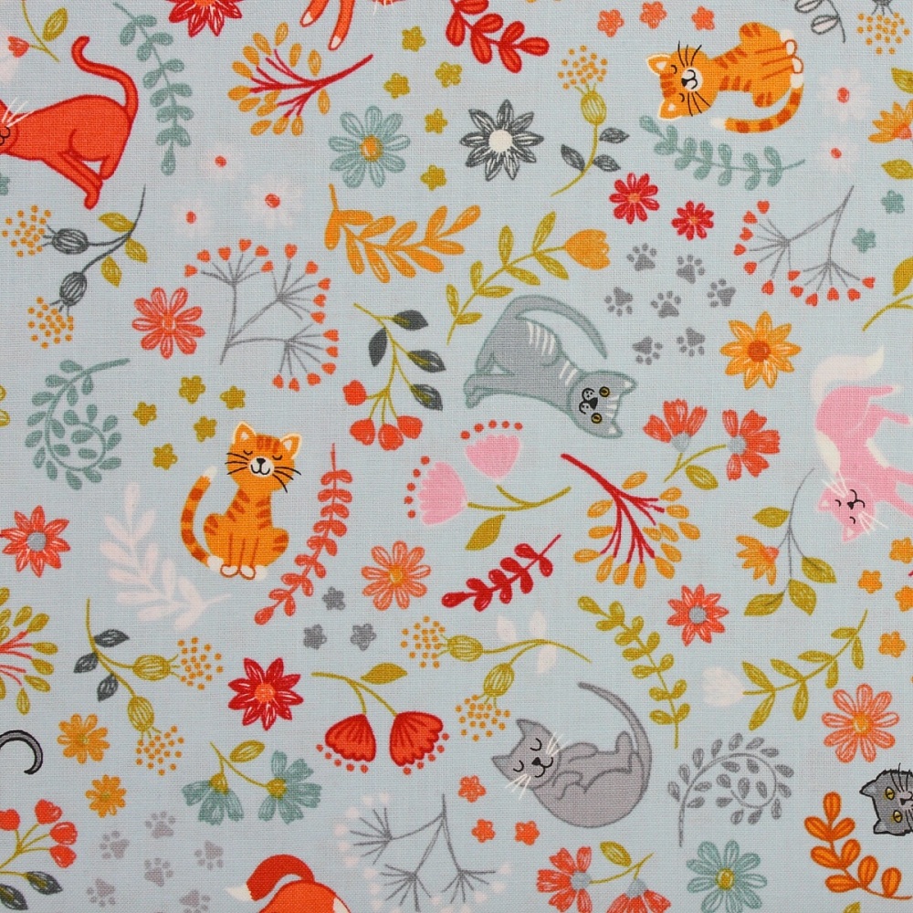 Lewis and Irene Purrfect Petals Floral Cats on Light Blue