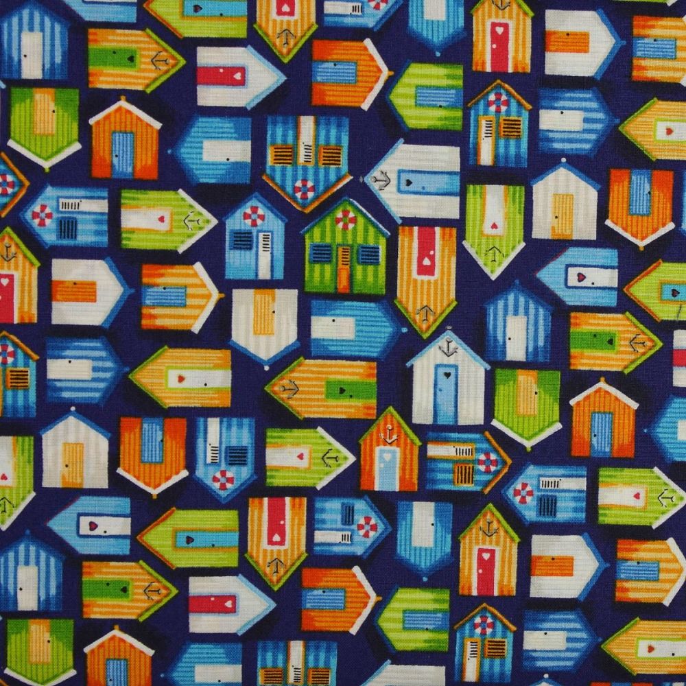 Makower Beside the Sea, Beach Huts on Blue 100% Quilting Cotton (£12pm)