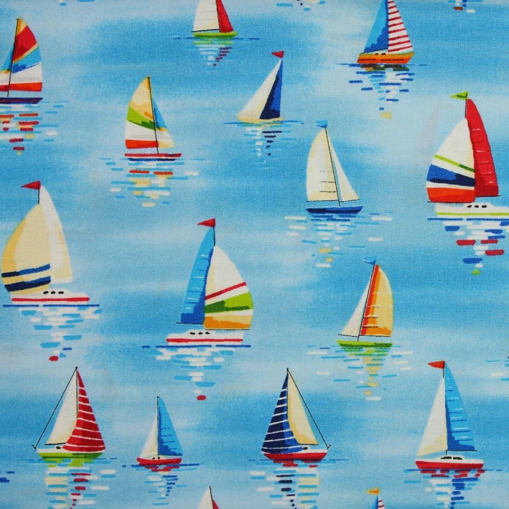Makower Beside the Sea, Sailboats on Blue 100% Quilting Cotton (£12pm)