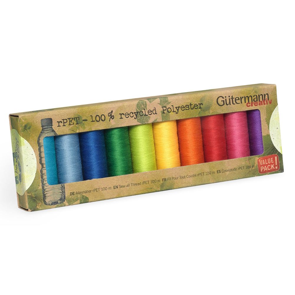 Gutermann (rPET) 100% Recycled Sew All Thread - box of 10 bright shades