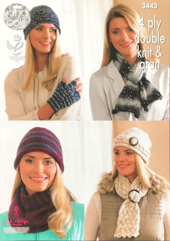 King Cole Knitting Pattern 3443 Lady's Hats, Scarves, Cowl & Fingerless Gloves