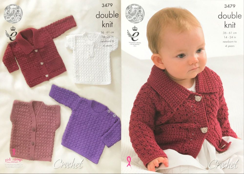 King Cole Crochet Pattern 3479 Collared Cardigan, Sweaters with long and short sleeves and Waistcoat