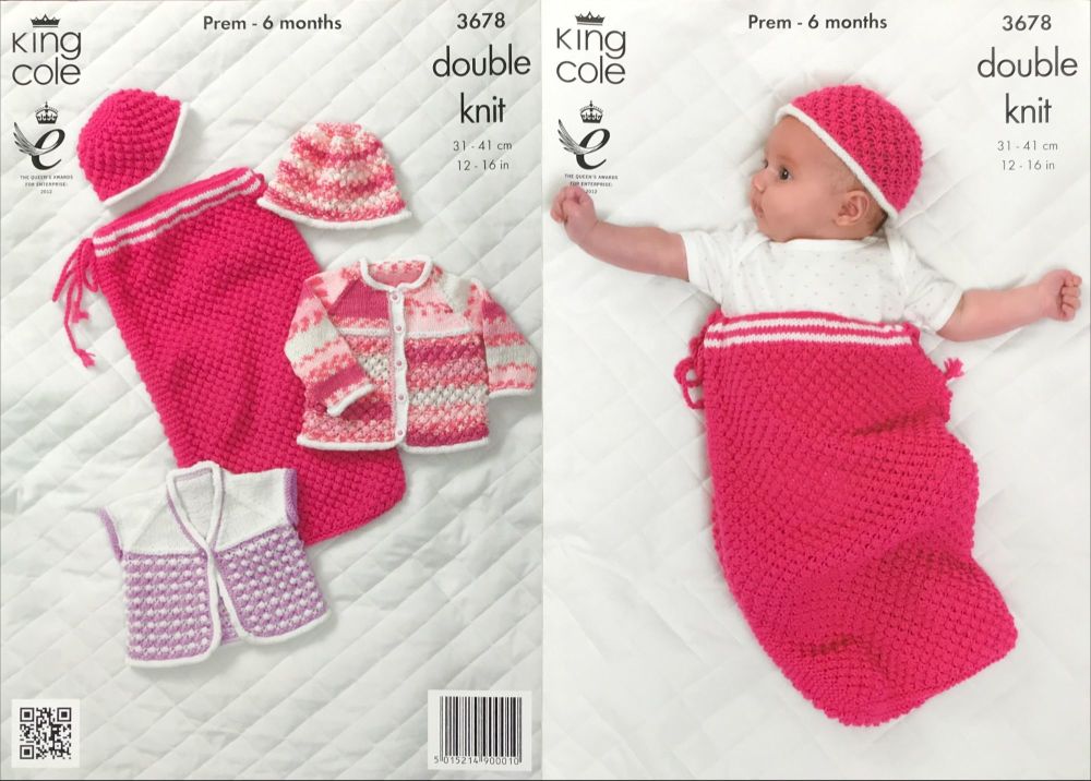 King Cole Knitting Pattern 3678 Snuggle Sack, Jacket Cardigan and Hat