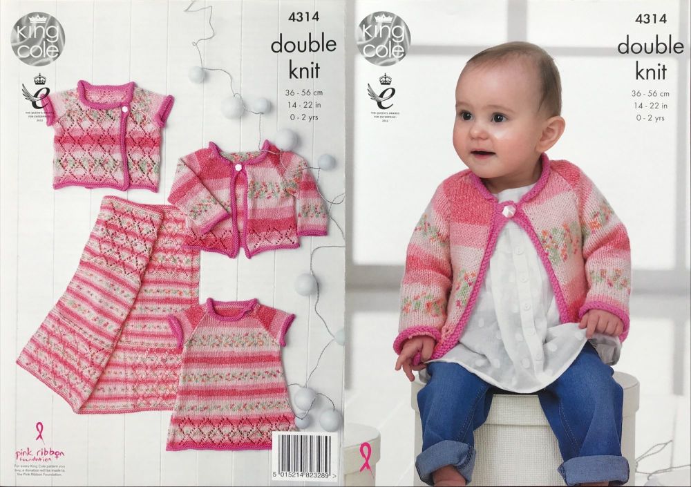 King Cole Knitting Pattern 4314 Baby Set Incl Dress, Cardigan & Waistcoat