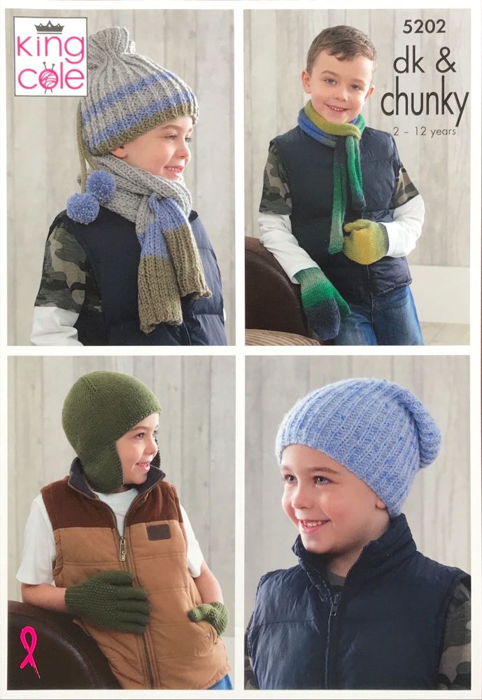 King Cole Knitting Pattern 5202 Boy's Hats, Scarves, Gloves & Mittens