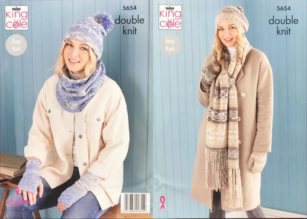 King Cole Pattern 5654 Scarf, Wristwarmers, Hats, Mitts & Snood