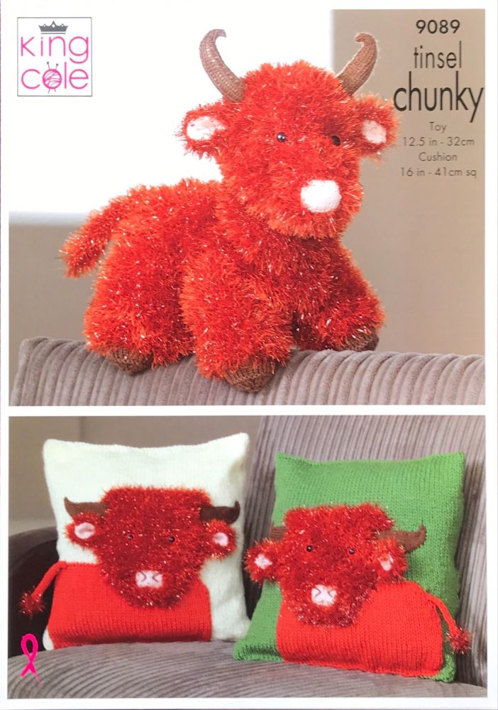 King Cole Knitting Pattern 9089 Tinsel Highland Cow & Cushion Cover