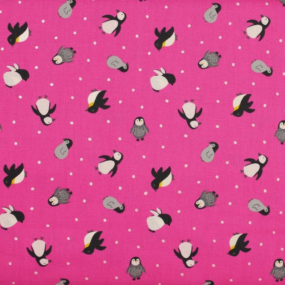 Lewis & Irene UK quilting cotton, penguins on cerise pink