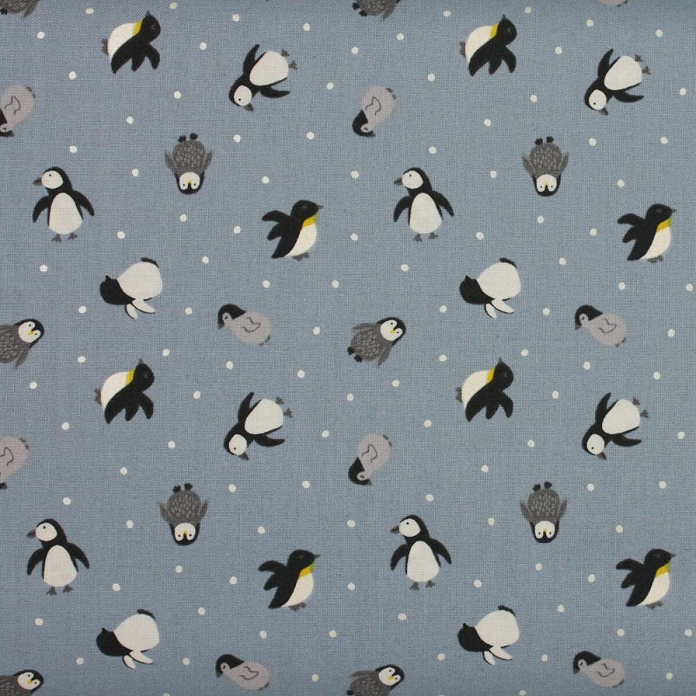Small Things Polar Animals - Penguins on Snow Blue (£12 per metre)