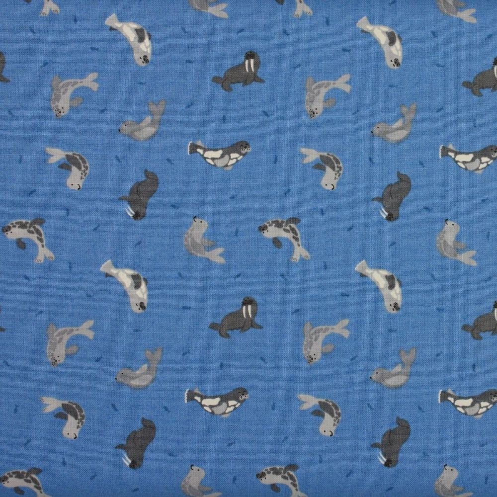 Lewis & Irene UK quilting cotton, seals on mid blue