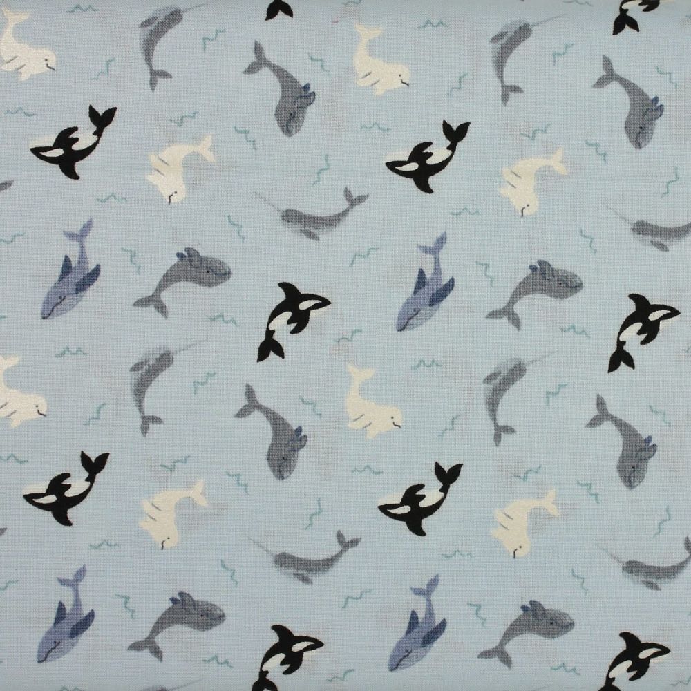 Lewis & Irene UK quilting cotton, whales on pale blue