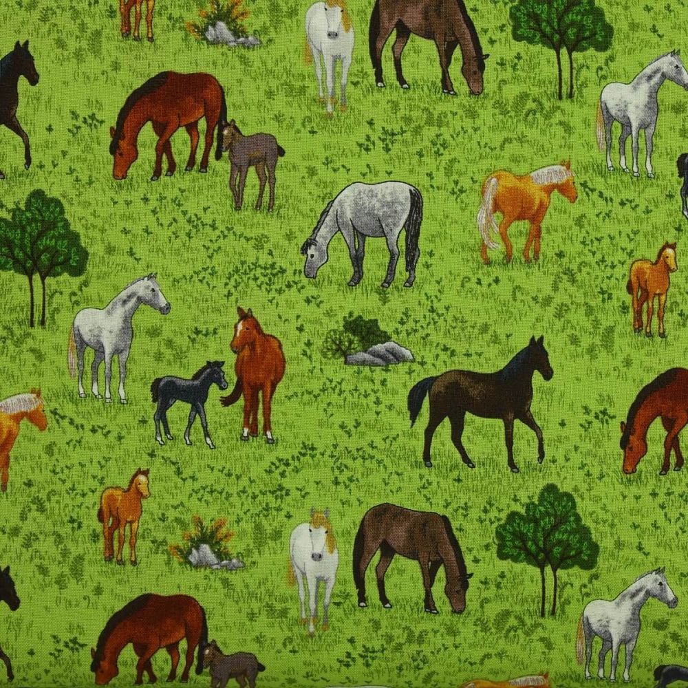 Makower Village Life Horses on Green 100% quilting cotton (£12pm)
