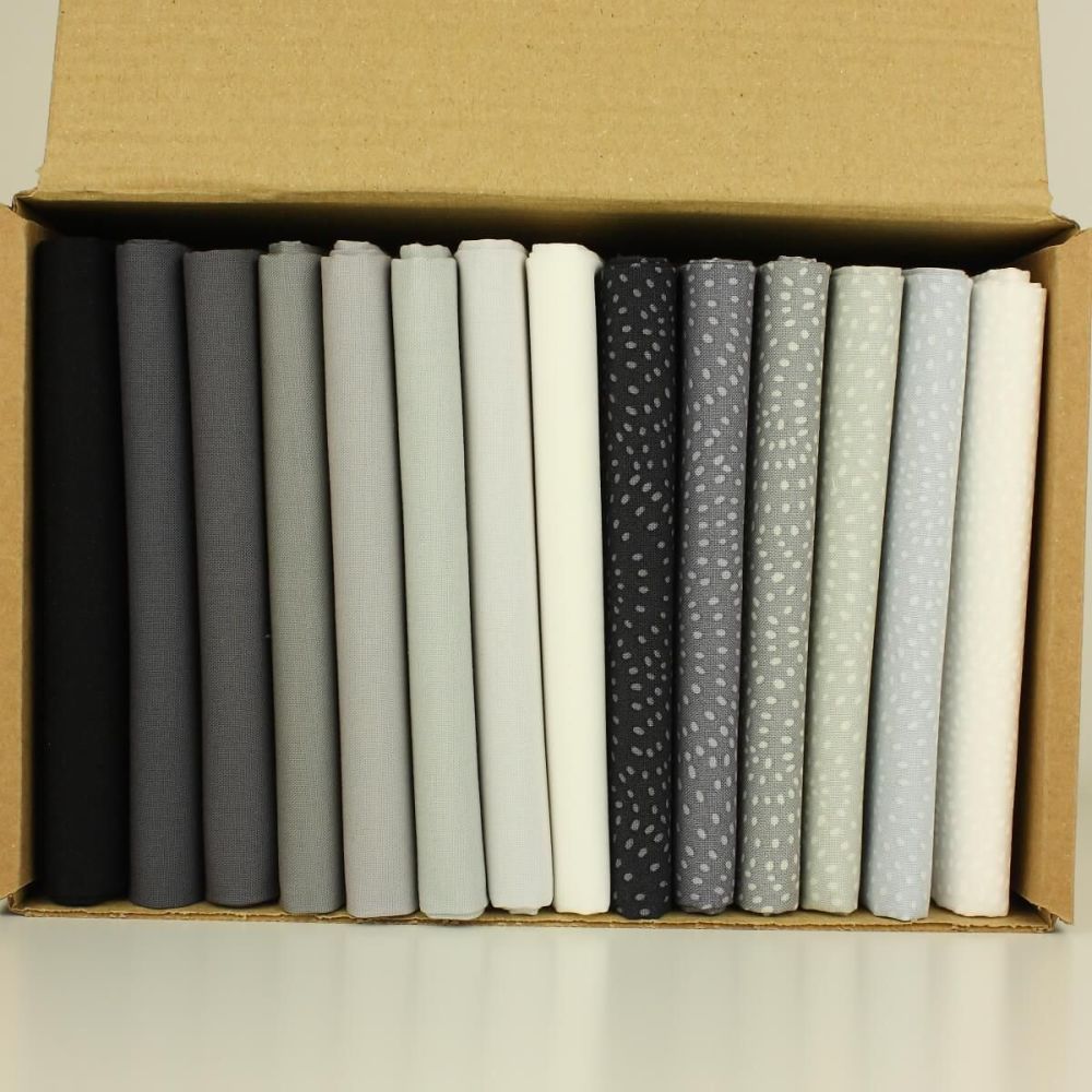 Greys, Black & White 14 Fat Quarter Painters Palette plains/solids & Twist blender fabric bundle box