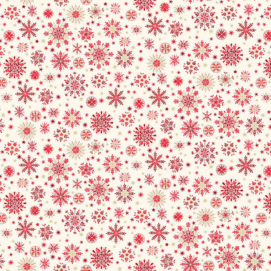 Makower - Scandi 2022 - Metallic Fabric - Snowflakes - Red on Cream (£12pm)