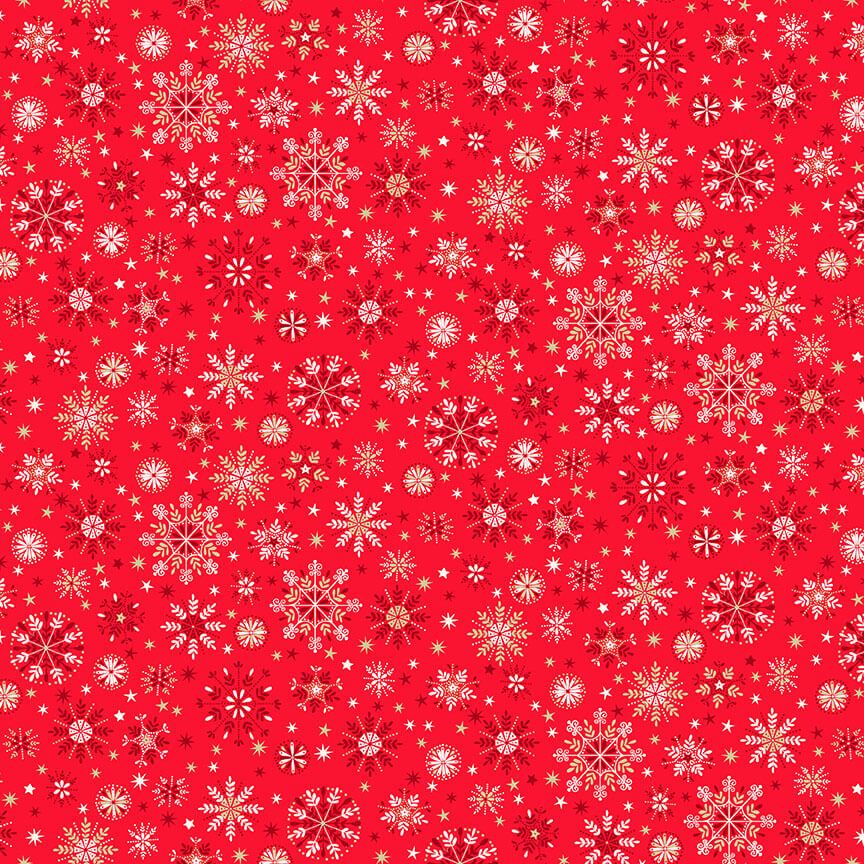 Makower - Scandi 2022 - Metallic Fabric - Snowflakes - Cream on Red (£12pm)