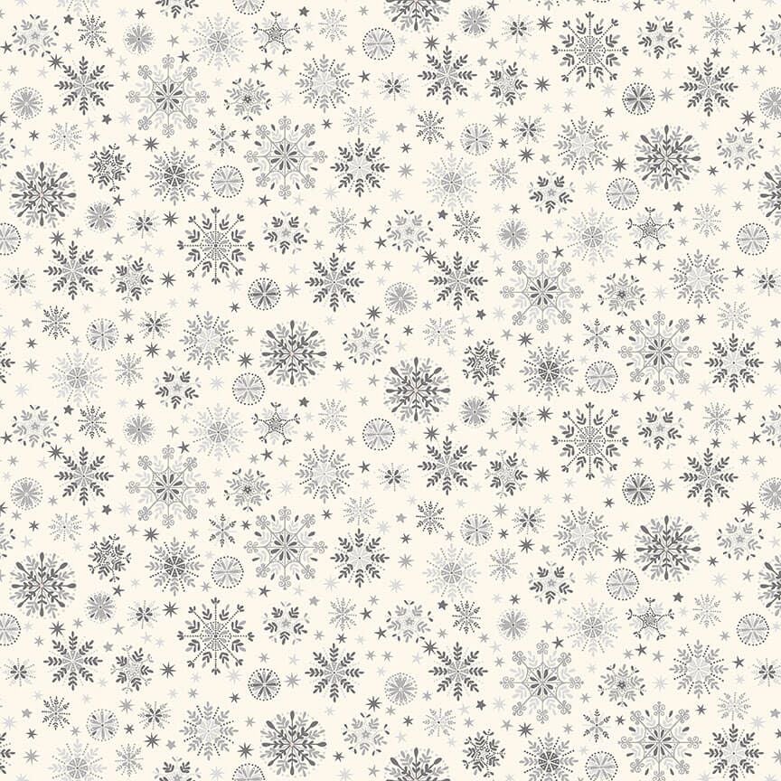 Makower - Scandi 2022 - Metallic Fabric - Snowflakes - Grey/Silver on Cream (£12pm)
