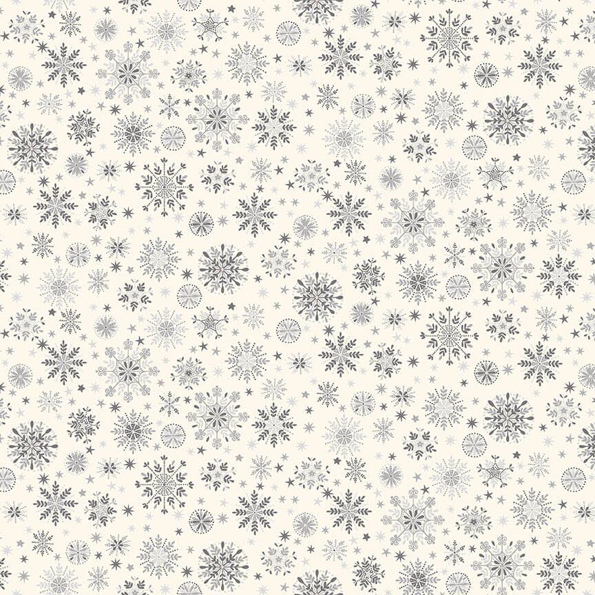 Makower - Scandi 2022 - Metallic Fabric - Snowflakes - Grey/Silver on Cream (£12pm)