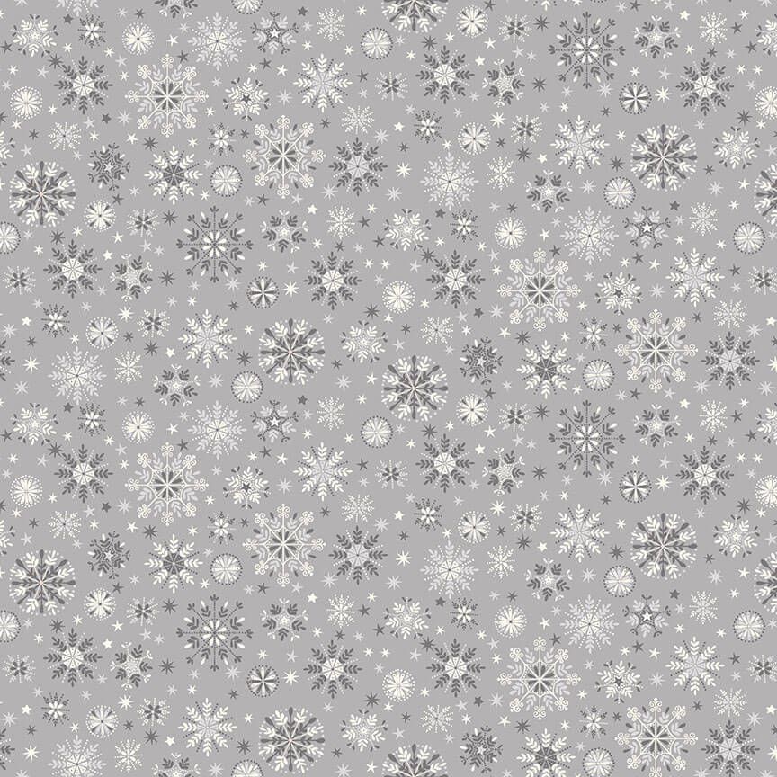Makower - Scandi 2022 - Metallic Fabric - Snowflakes - Cream on Grey/Silver
