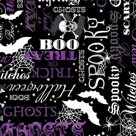Benartex - Halloween Spirit - Glow in the Dark Spooky Words in Black & Purple (£13pm)