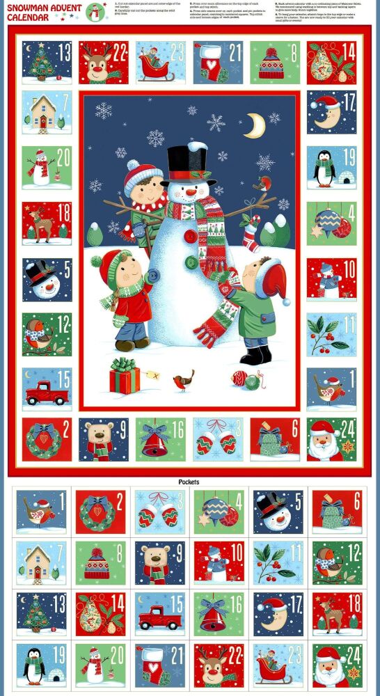 Makower Christmas Snowman Advent Calendar Fabric Panel 60cm