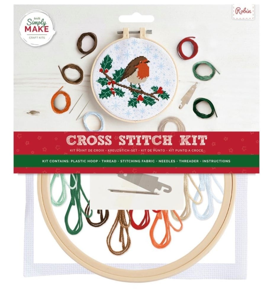 Simply Make | Cross Stitch Kit with hoop (20cm*) | Robin