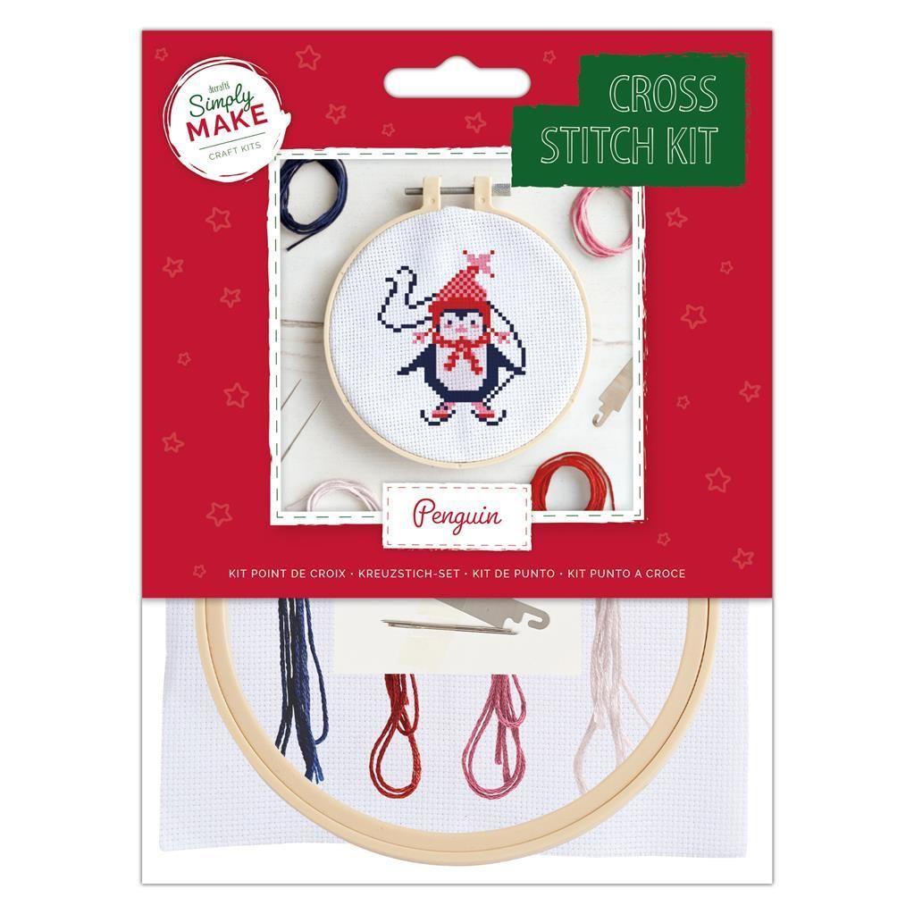 Simply Make | Cross Stitch Kit with hoop (12.5cm*) | Penguin Skiing