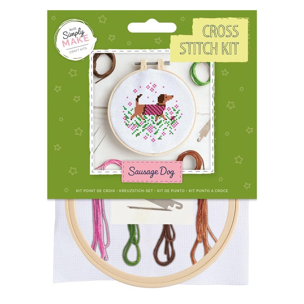 Simply Make | Cross Stitch Kit with hoop (12.5cm*) | Sausage Dog | Dachshund