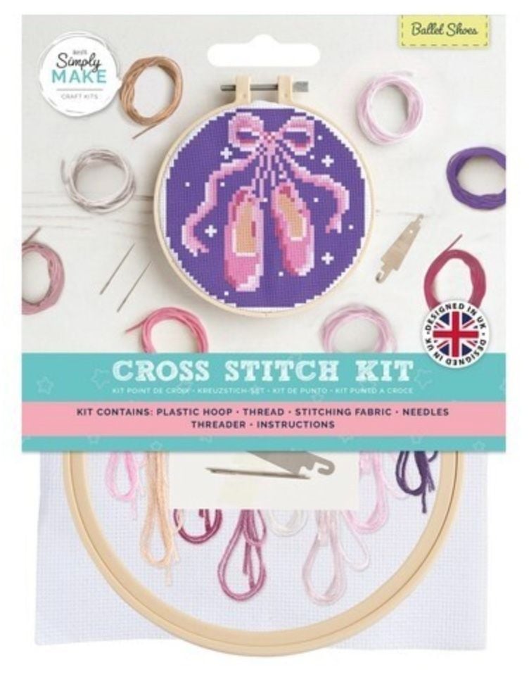 Simply Make | Cross Stitch Kit with hoop (12.5cm*) | Ballet Shoes