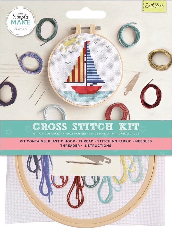 Simply Make | Cross Stitch Kit with hoop (12.5cm*) | Sail Boat