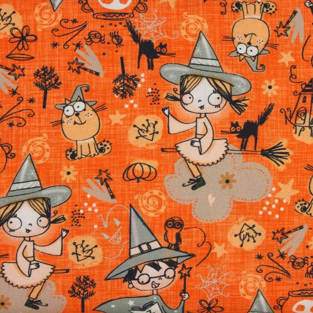 REMNANT ! 48cm x 54cm** | Indigo Fabrics | Witches on Orange (£12 metre)