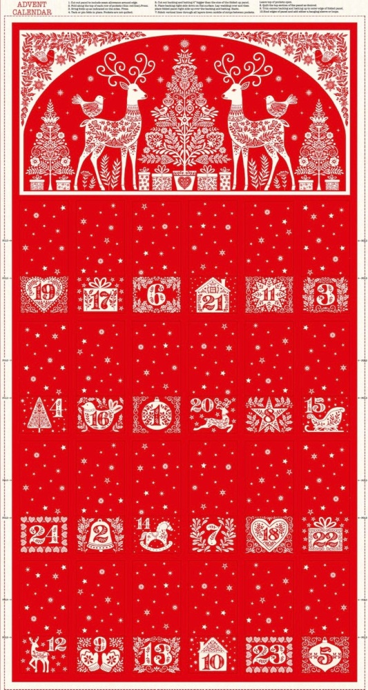 Makower | Scandi Christmas | Reindeer Christmas Advent Calendar Fabric Panel 60cm