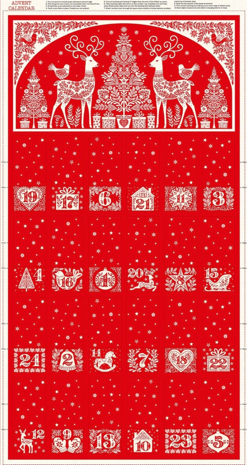 Makower | Scandi Christmas | Reindeer Christmas Advent Calendar Fabric Pane