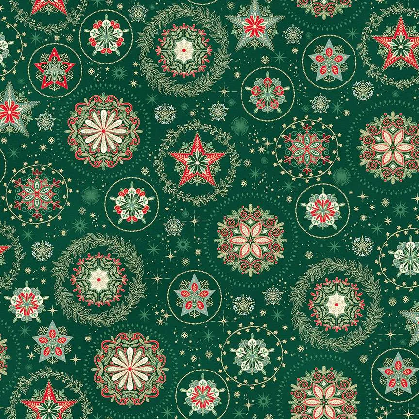 Makower | Good Tidings | Snow Crystal - Green | Metallic (£13 metre)