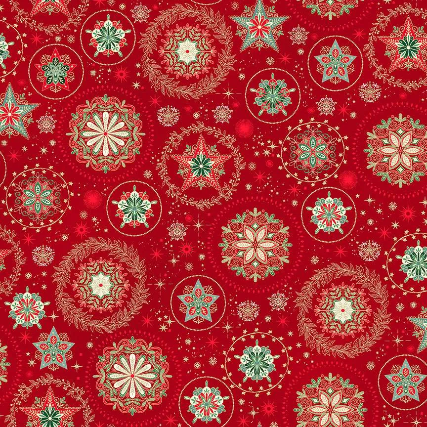 Makower | Good Tidings | Snow Crystal - Red | Metallic (£13 metre)