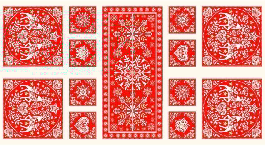 Makower | Scandi Christmas | Table Top Fabric Panel in red | Table Runner, Placemats and Coasters