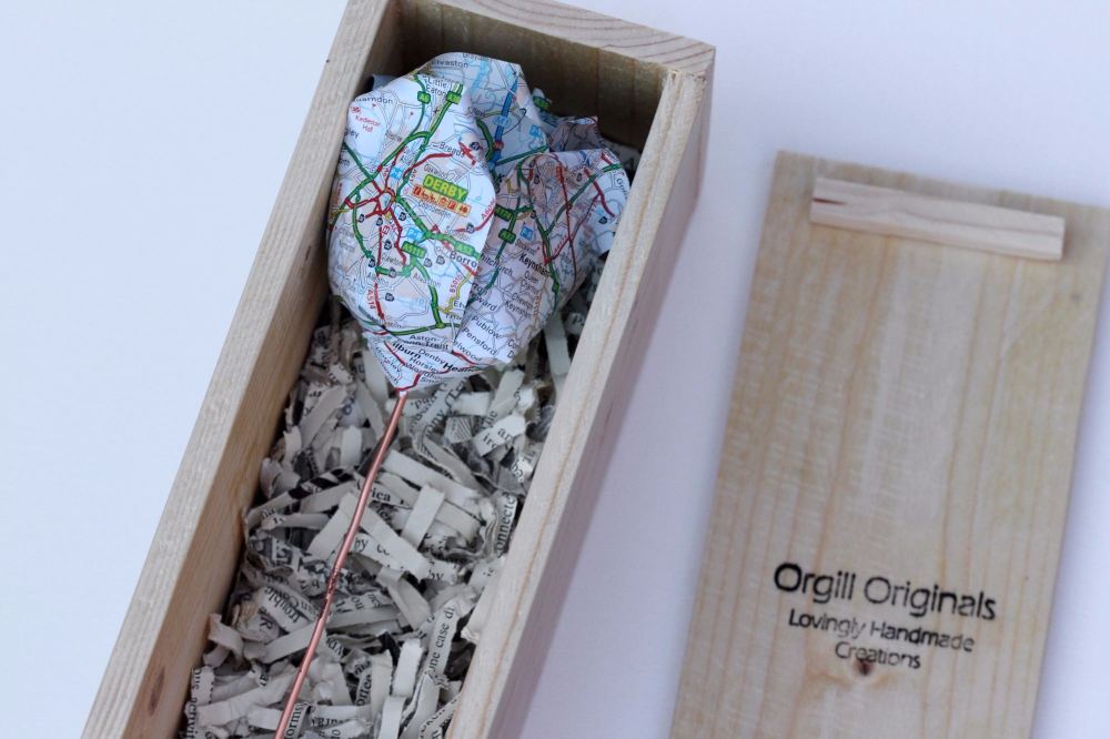 Single Personalised Handmade Upcycled UK Road Map Paper Rose with Copper Stem and Display Box