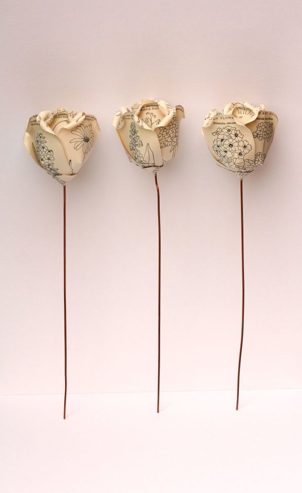 Single Vintage Handmade Botanical Flower Paper Rose with Copper Stem and Display Box
