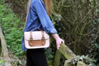 Genuine Hand Stitched Leather Satchel - Thick Cream & Tan Brown Mix