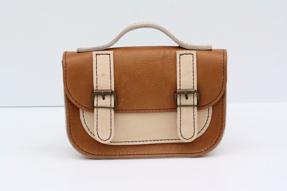 Genuine Hand Stitched Mini Leather Satchel - Thick Tan Brown & Cream Mix