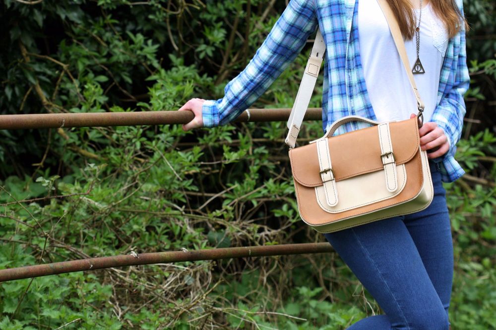 Genuine Hand Stitched Leather Satchel - Thick Tan Brown & Cream Mix