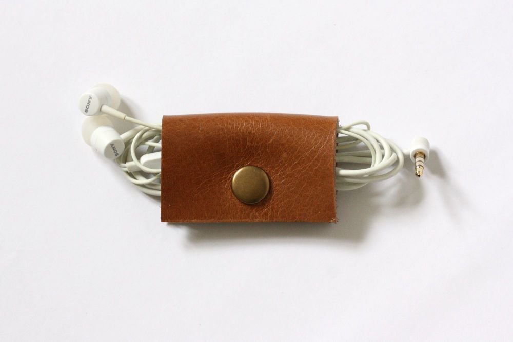 Genuine Handmade Leather Cable Tidy - Thick Tan Brown