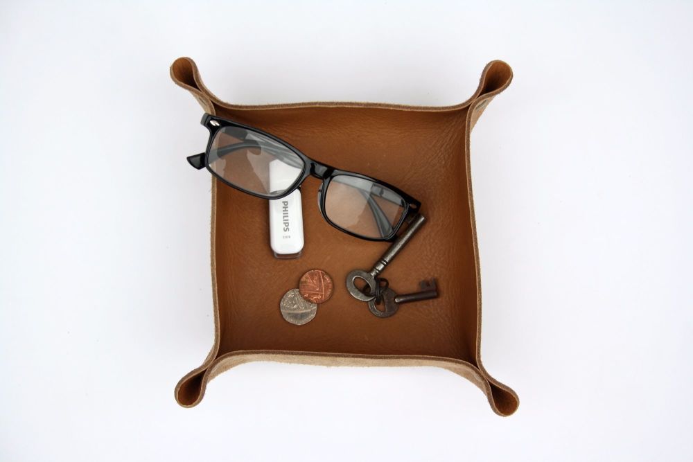 Genuine Handmade Tan Brown Leather Coin / Valet / Planter Tray - Personalised Gift