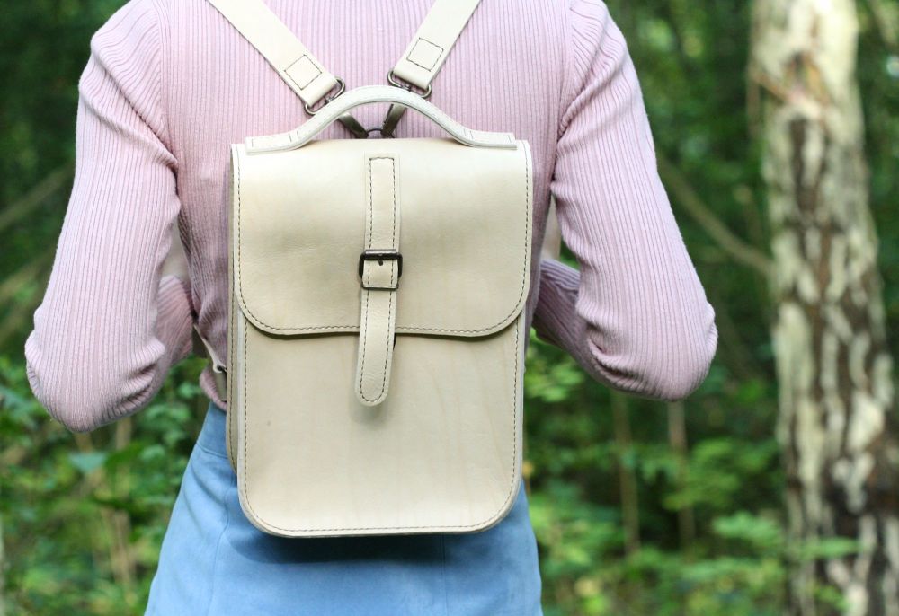 Genuine Hand Stitched Leather Backpack - Thick Cream