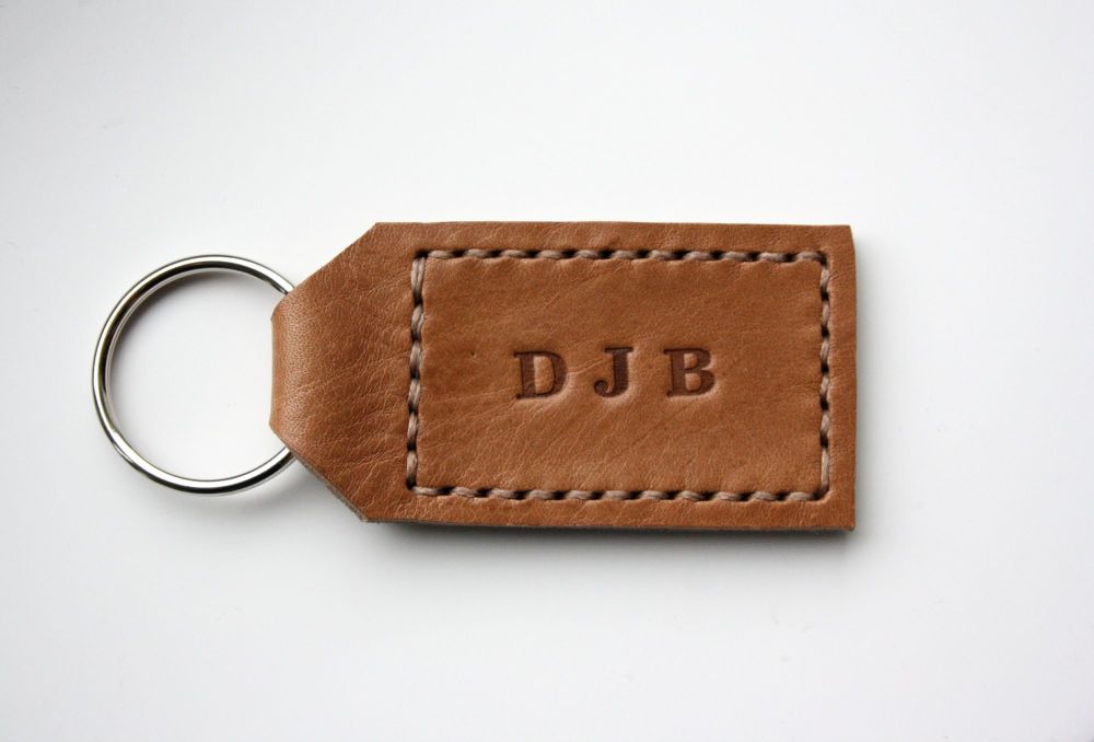 Handmade Leather Personalised Initials Key Ring Gift - Thick Tan & Cream