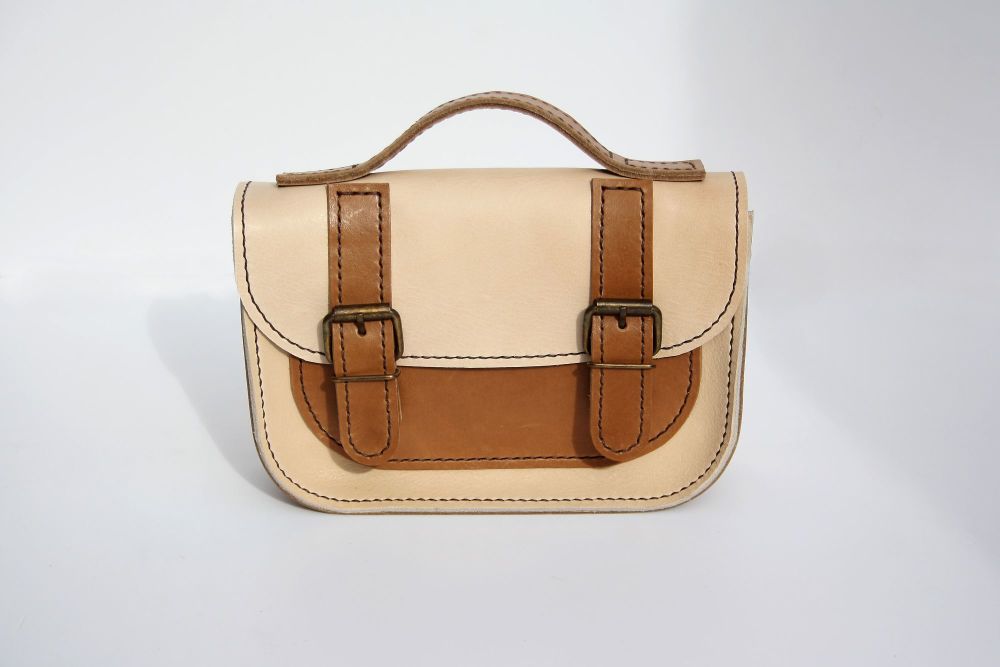 Genuine Hand Stitched Mini Leather Satchel - Thick Cream & Tan Brown Mix