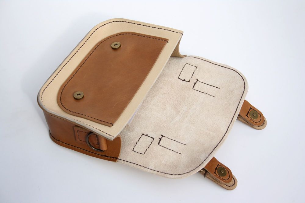 Genuine Hand Stitched Mini Leather Satchel - Thick Cream & Tan Brown Mix